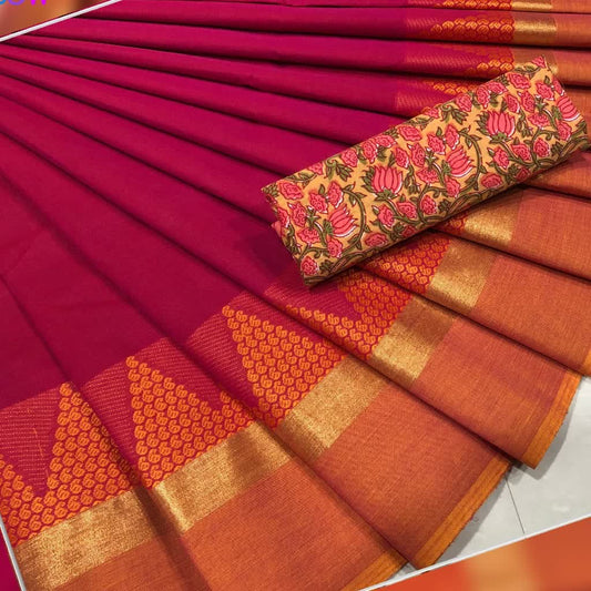 Pink with Orange Border Cotton Saree