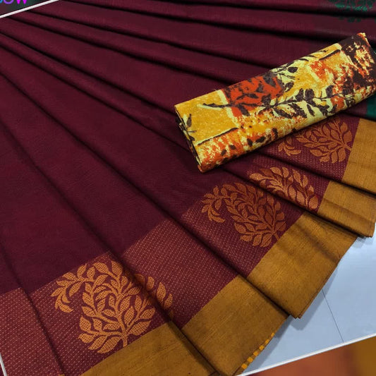 Maroon Cotton Saree with Leaf Pattern Mango Motif