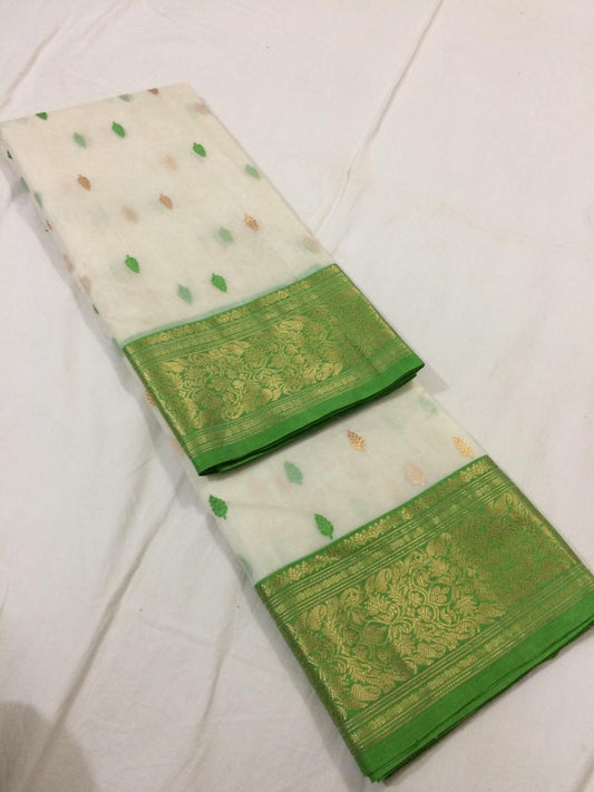 White with Green Pure Katan Chanderi Silk Saree