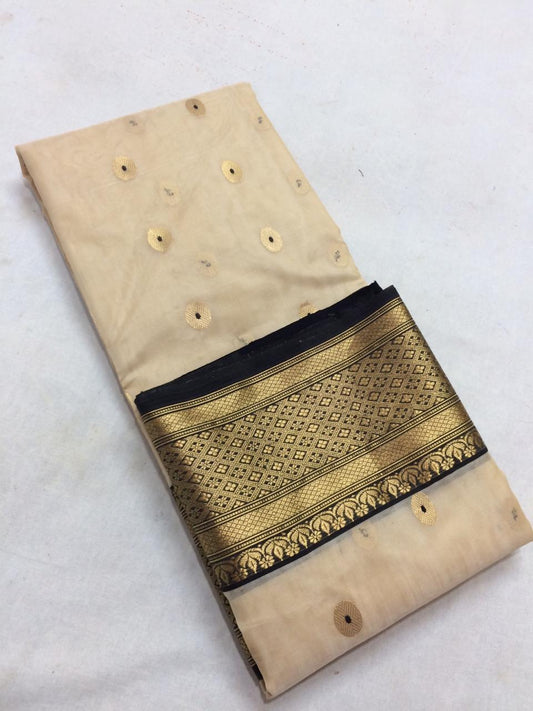 Cream with Black Border Pure Katan Chanderi Silk Saree