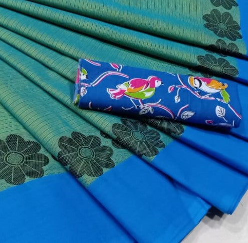 Compassionate Blues – Mild Green Chettinad Saree with Contrast Blue Border and Multi-coloured Blouse- CS309