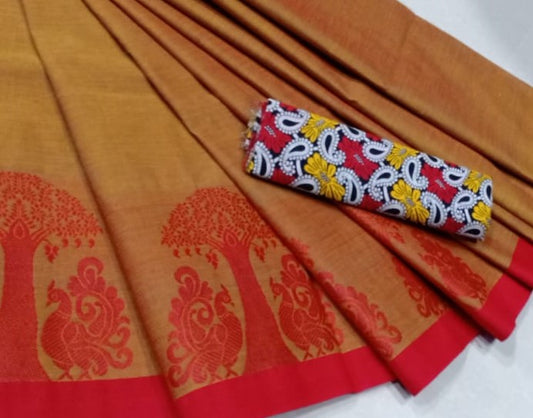 Astounding Brown Chettinad Saree with Brick Red Border- CS322