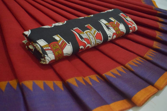 Red Chettinad Saree with Kalamkari Blouse