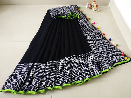 MulMul Cotton Saree with Pompom
