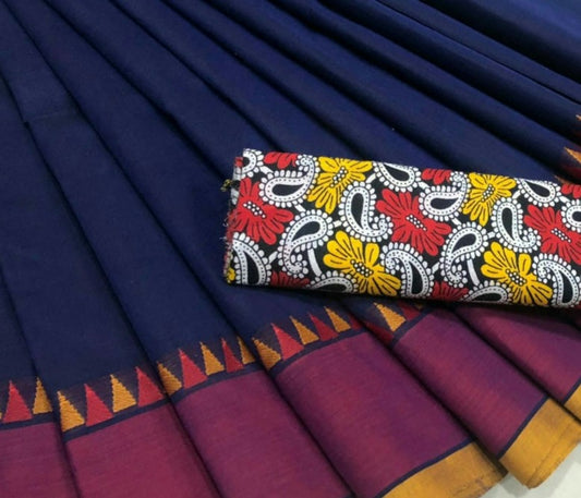 Quintessential chettinad – Navy Blue Chettinad saree with multicolour printed kalamkari blouse CS121