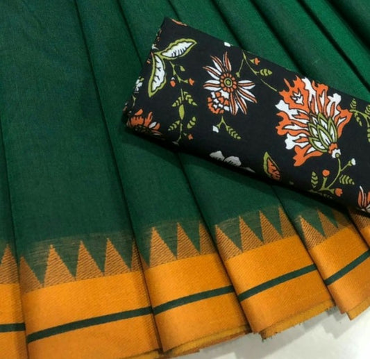 Floral Enchant – Green Chettinad Saree with Mustard Temple Border- CS124