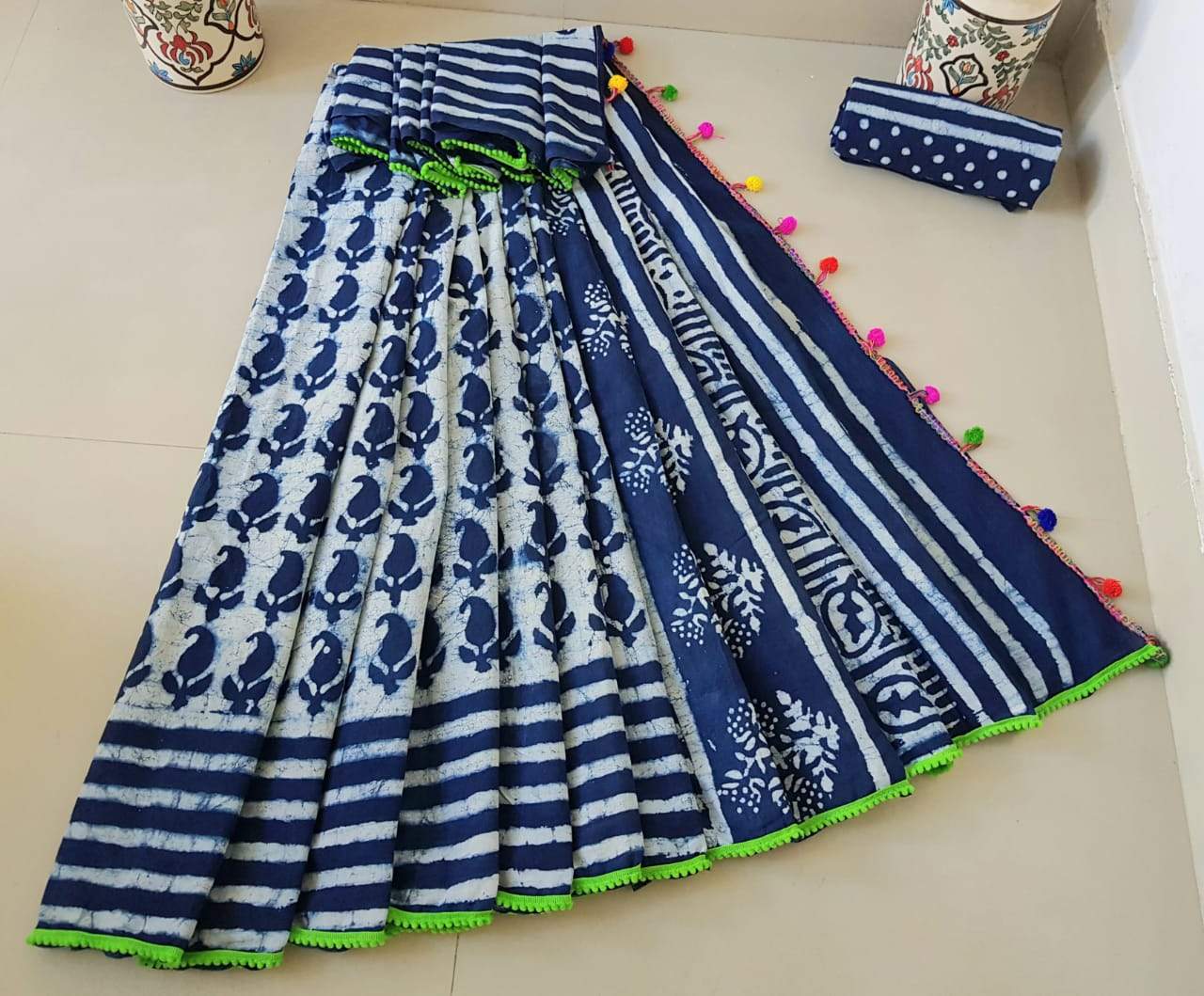 Blue Cotton Saree with contrast Green Border-TCS010
