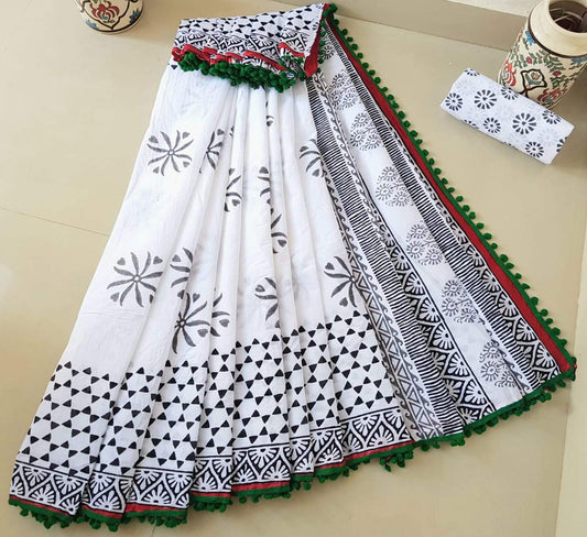 Floral Designed White Cotton Saree with Red and Green Border -TCS002