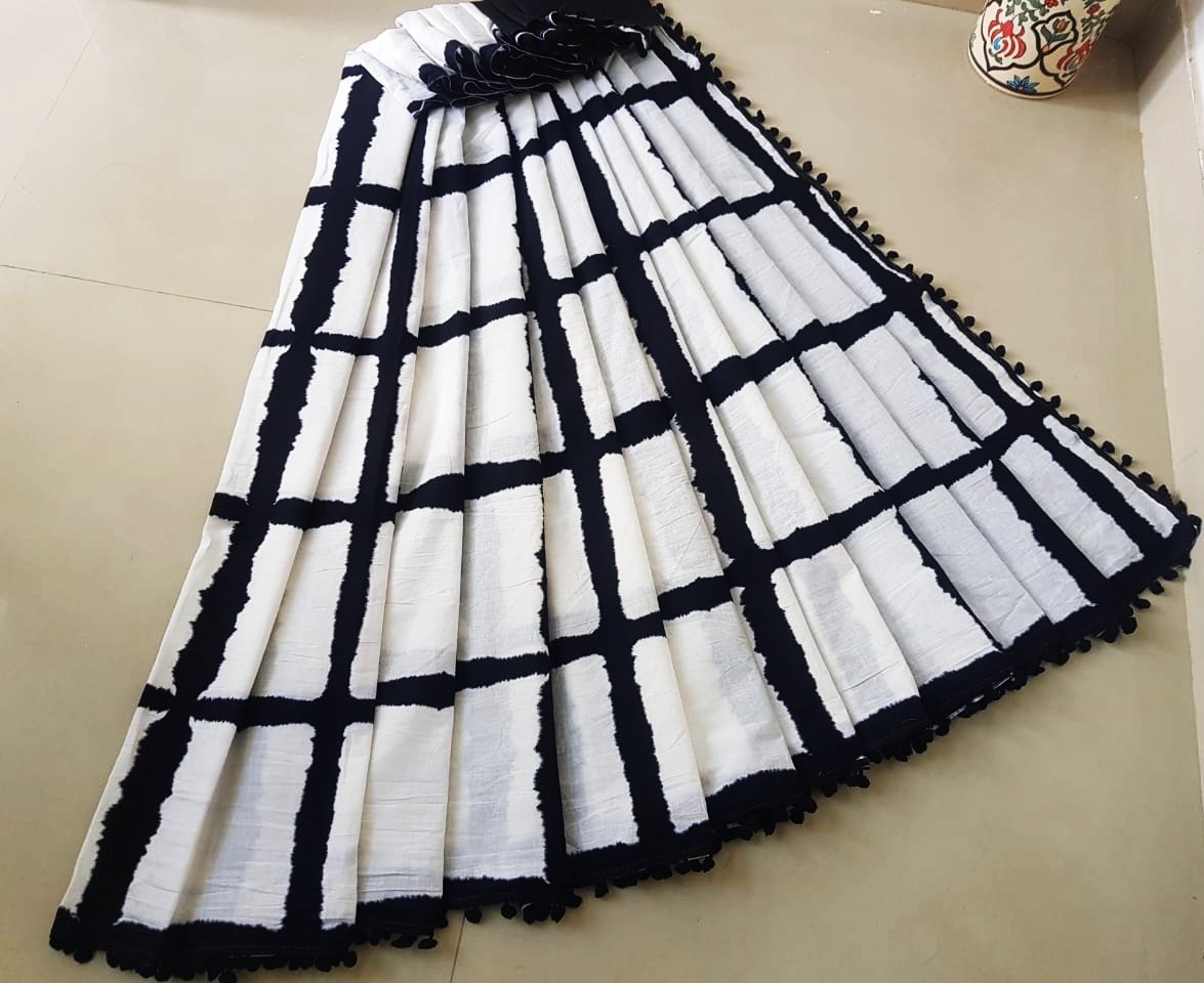 Black and White Checkered Cotton Saree-TCS003
