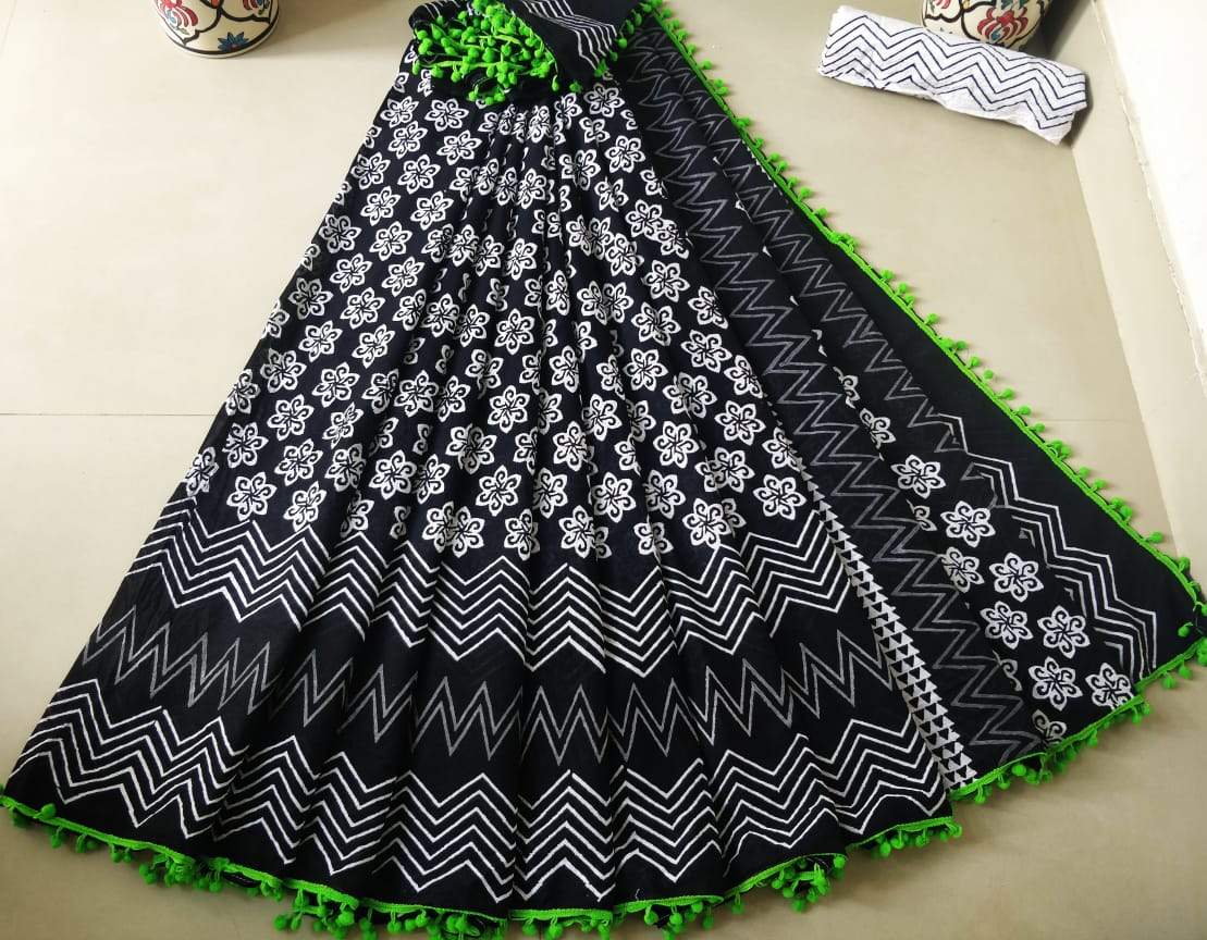 Black and Green Cotton Saree-TCS017