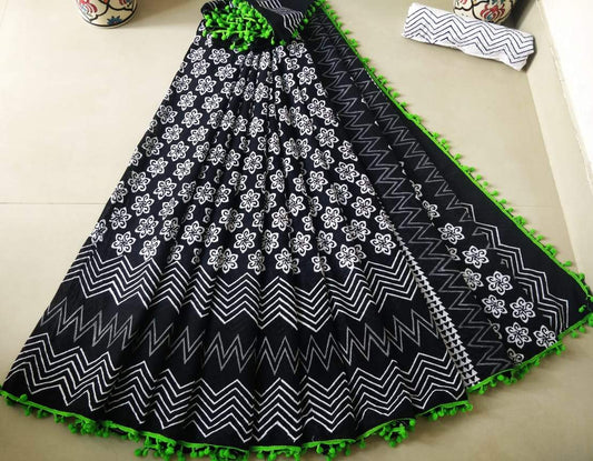 Black and Green Cotton Saree-TCS017