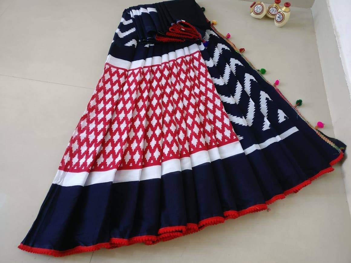 Navy Blue and Red Cotton Saree-TCS016