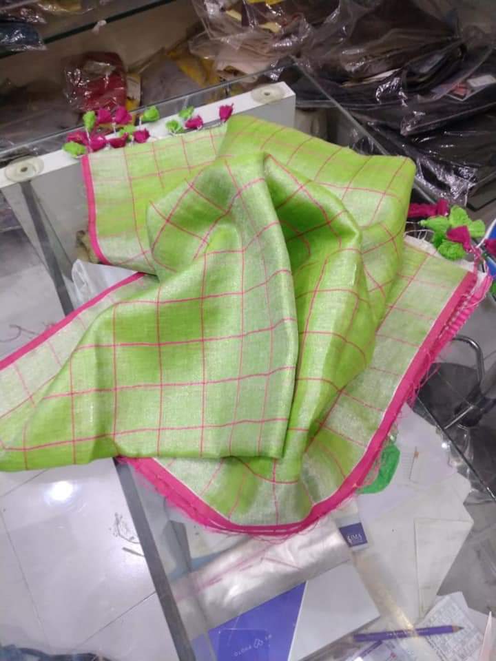 Green Checked Linen Saree
