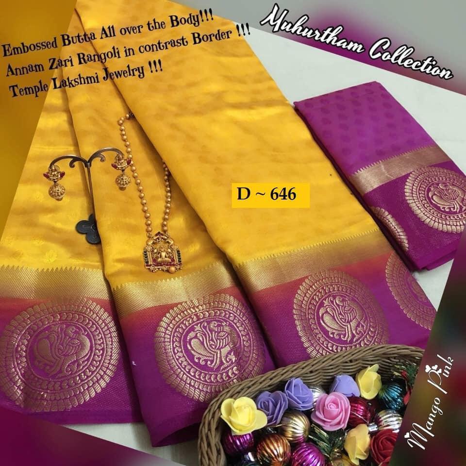 Kanjivaram Tussar Silk Saree(Yellow with Pink Border)