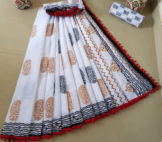 White Cotton Saree with Pompom