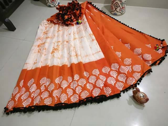 Orange Mulmul Cotton Saree with Pompom