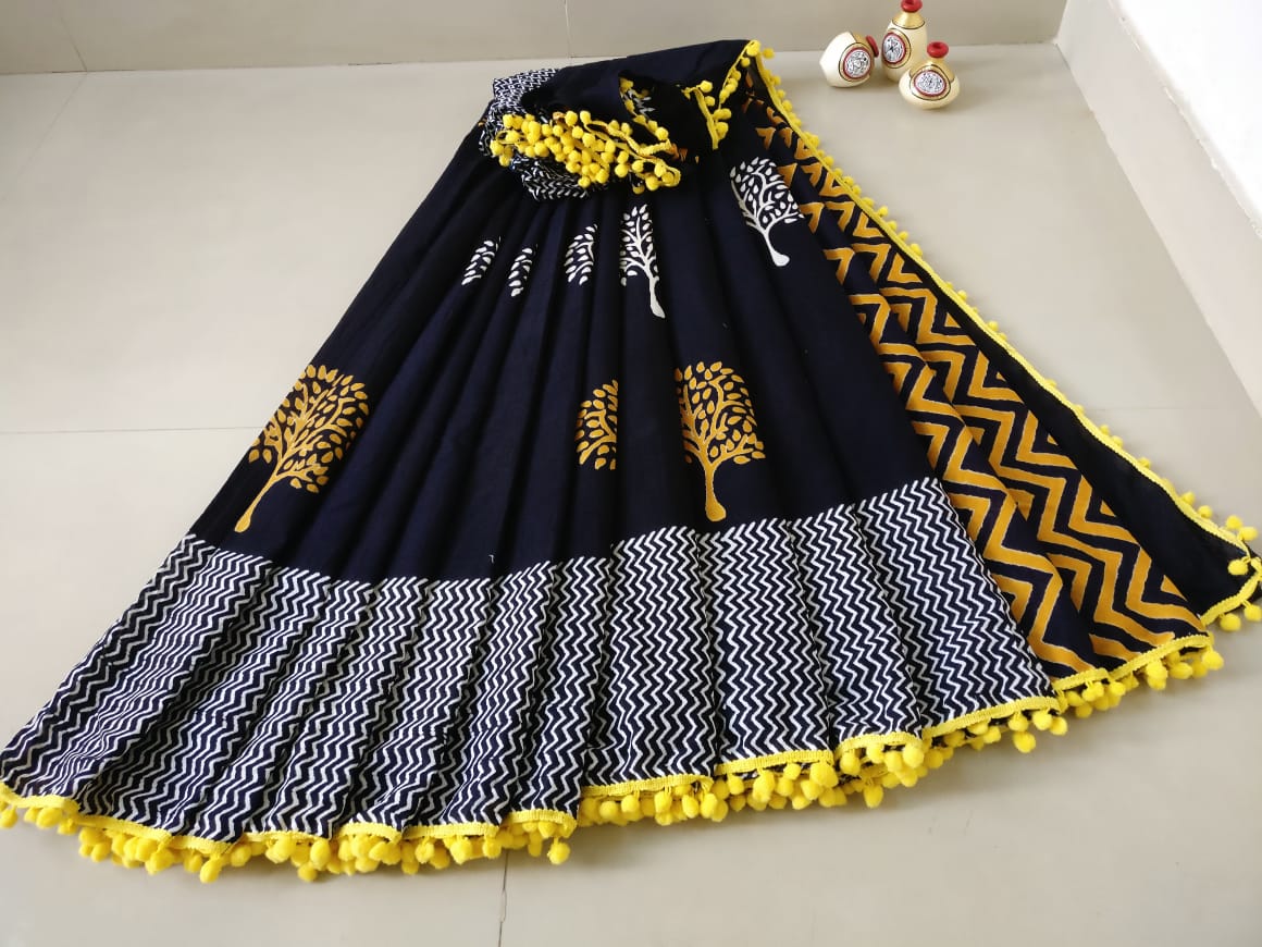 Black and Yellow Mulmul Cotton Saree with Pompom