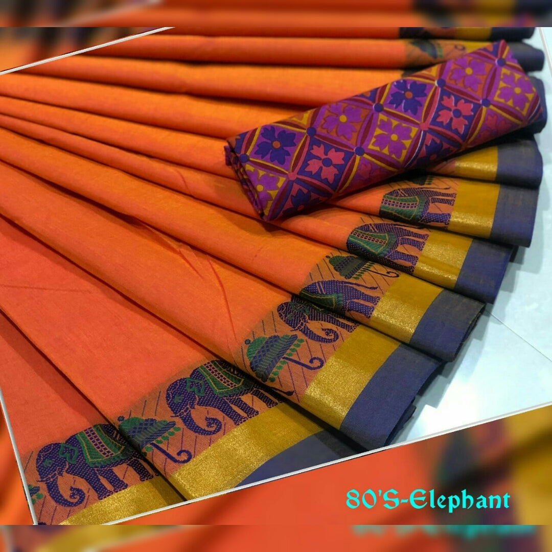 Orange Chettinad Cotton Saree with Kalamkari Blouse