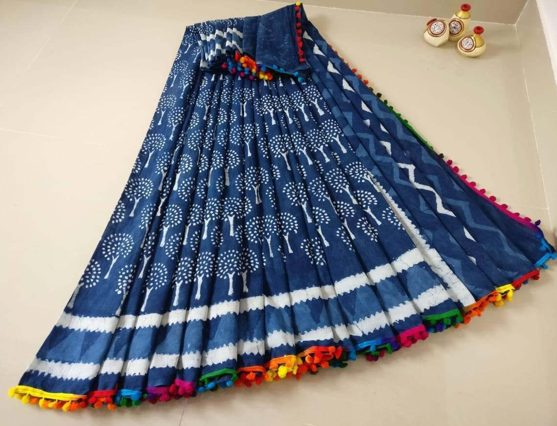 Blue Cotton Saree with Multicolour Pompom