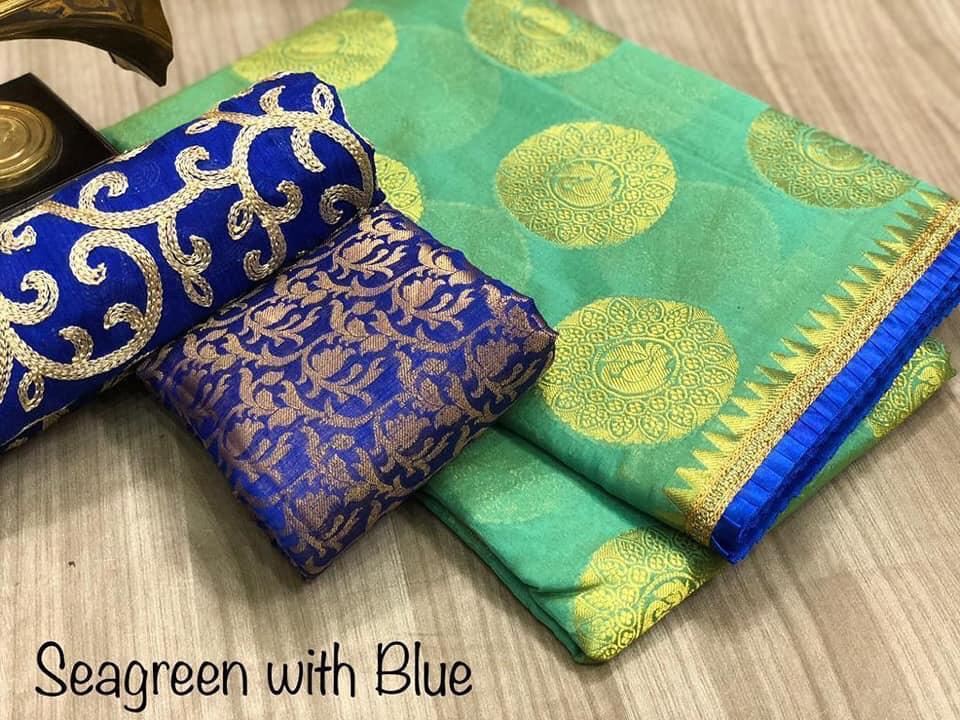 See Green with Ink Blue Chanderi Saree with Blouse
