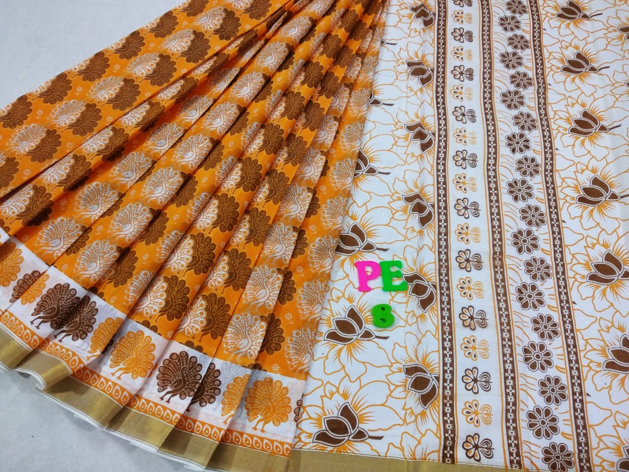 Printed Yellow Kerala Cotton Saree