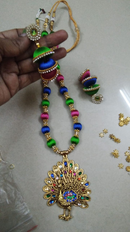 Tricolour Silk Thread Necklace with Peacock Pendant