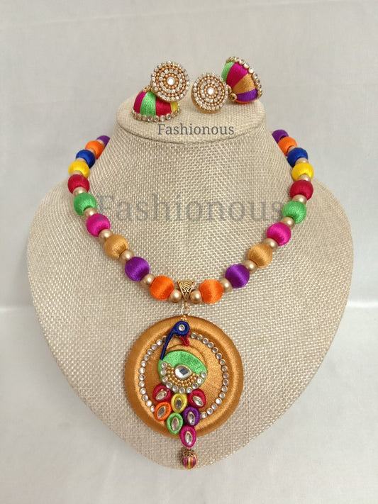 Multicolour Peacock Pendant Silk Thread Necklace and Earring