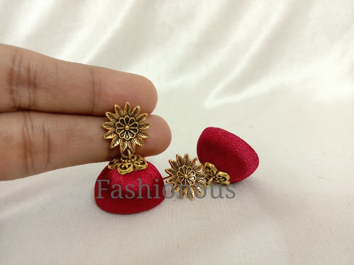 Maroon Silk Thread Earring With Flower Stud-RGE001