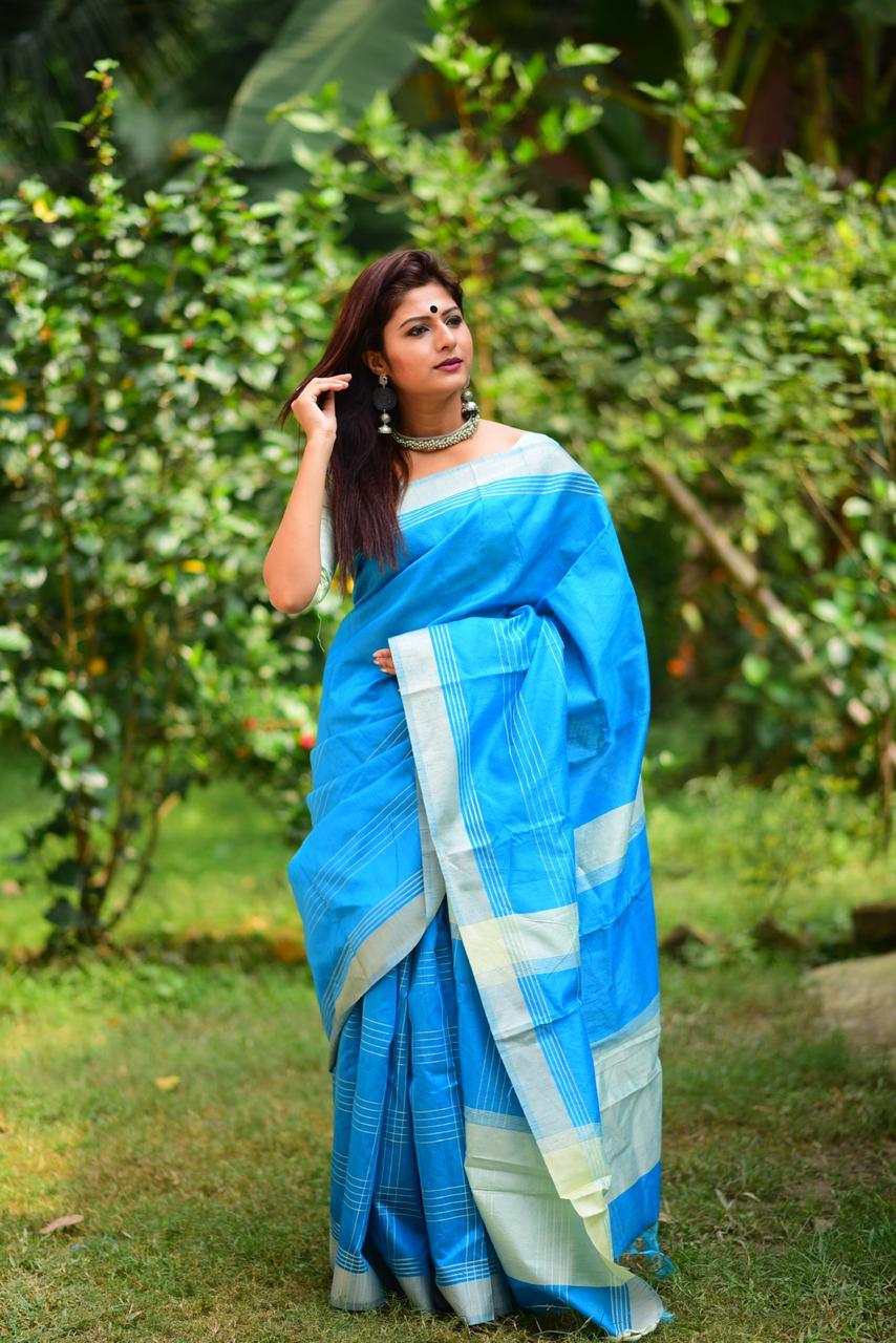 Sky Blue Raw Silk Saree