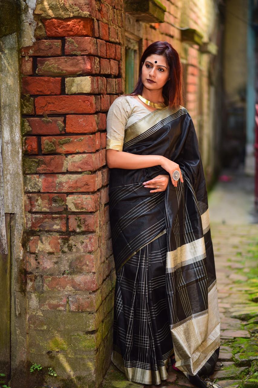 Dusty Black Raw Silk Saree