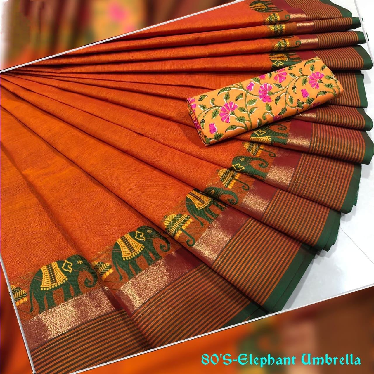 Orange Chettinad Cotton Saree with Kalamkari Blouse