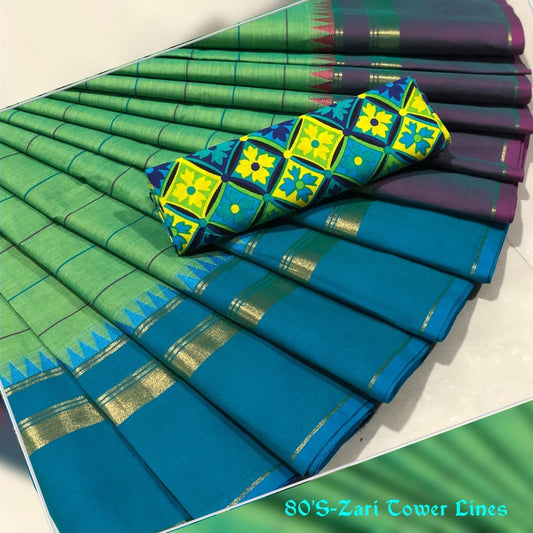 Tricolour Chettinad Cotton Saree with Kalamkari Blouse