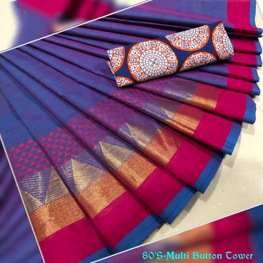 Bluish Chettinad Cotton Saree with Kalamkari Blouse