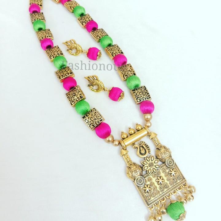Pink and Green Silk Thread Long Necklace and Earring