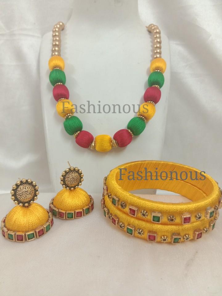 Yellow with Green and Red Silk Thread Jewelry Set