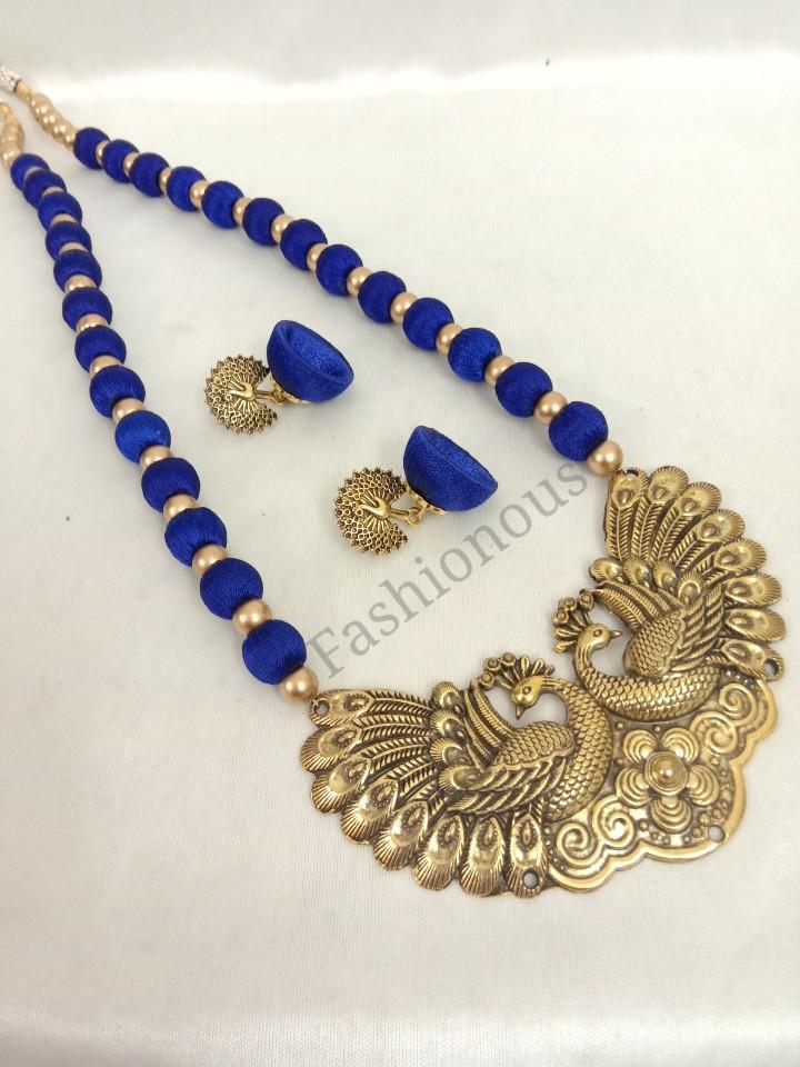 Ink Blue Peacock Pendant Necklace and Earring