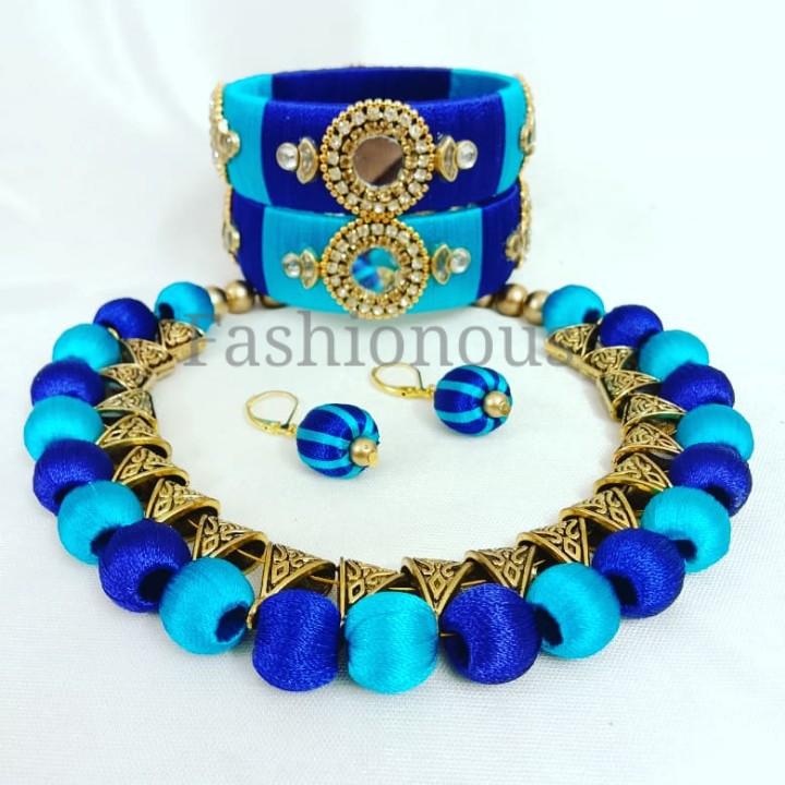 Sky Blue with Ink Blue Silk Thread Jewelry Set