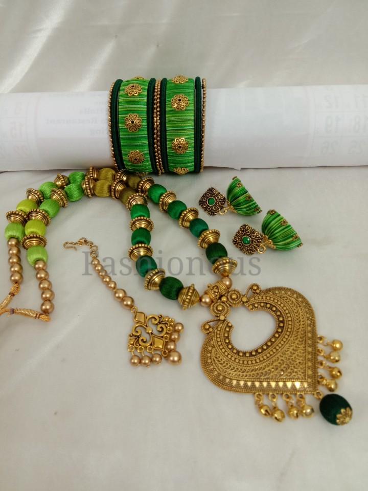 Light Green with Dark Green Silk Thread Jewellery Set