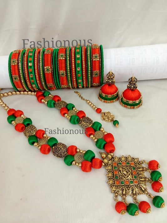 Orange and Green Silk Thread Jewelry Set