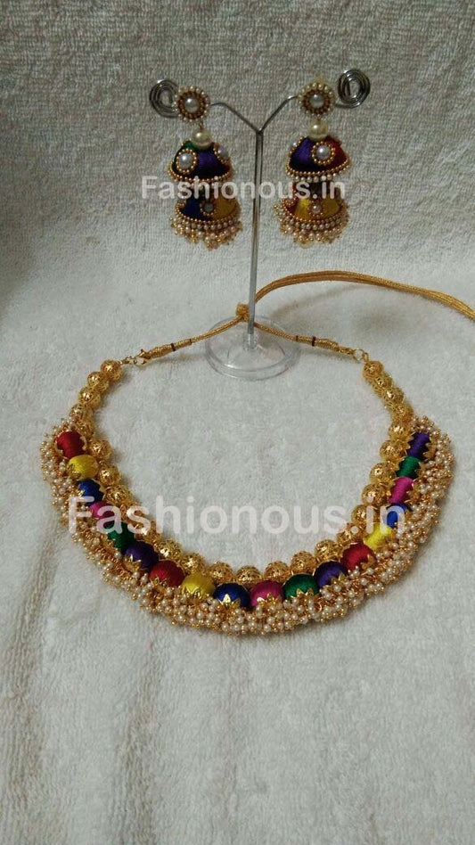 White Beaded Multicolor Silk Thread Jewellery Set-STJSW-073