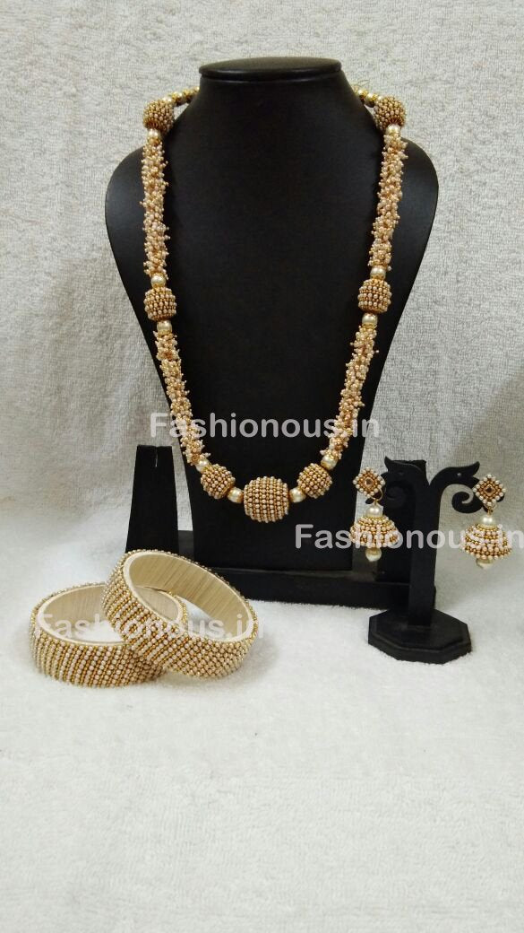 White Beaded Silk Thread Jewellery Set-STJSW-009