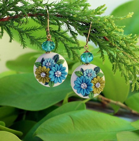 White – Blue Round Polymer Clay Danglers