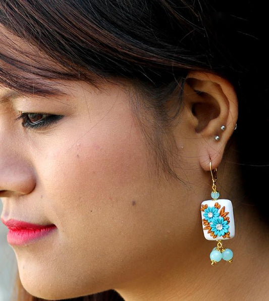 White with Blue Floral Square Beaded Polymer Clay Earrings-ZAPCJH-041