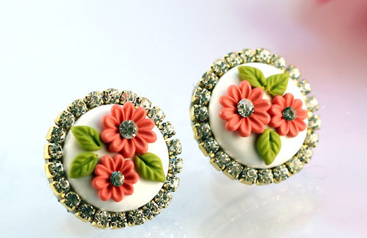 White Red Rhinestone Polymer Clay Studs