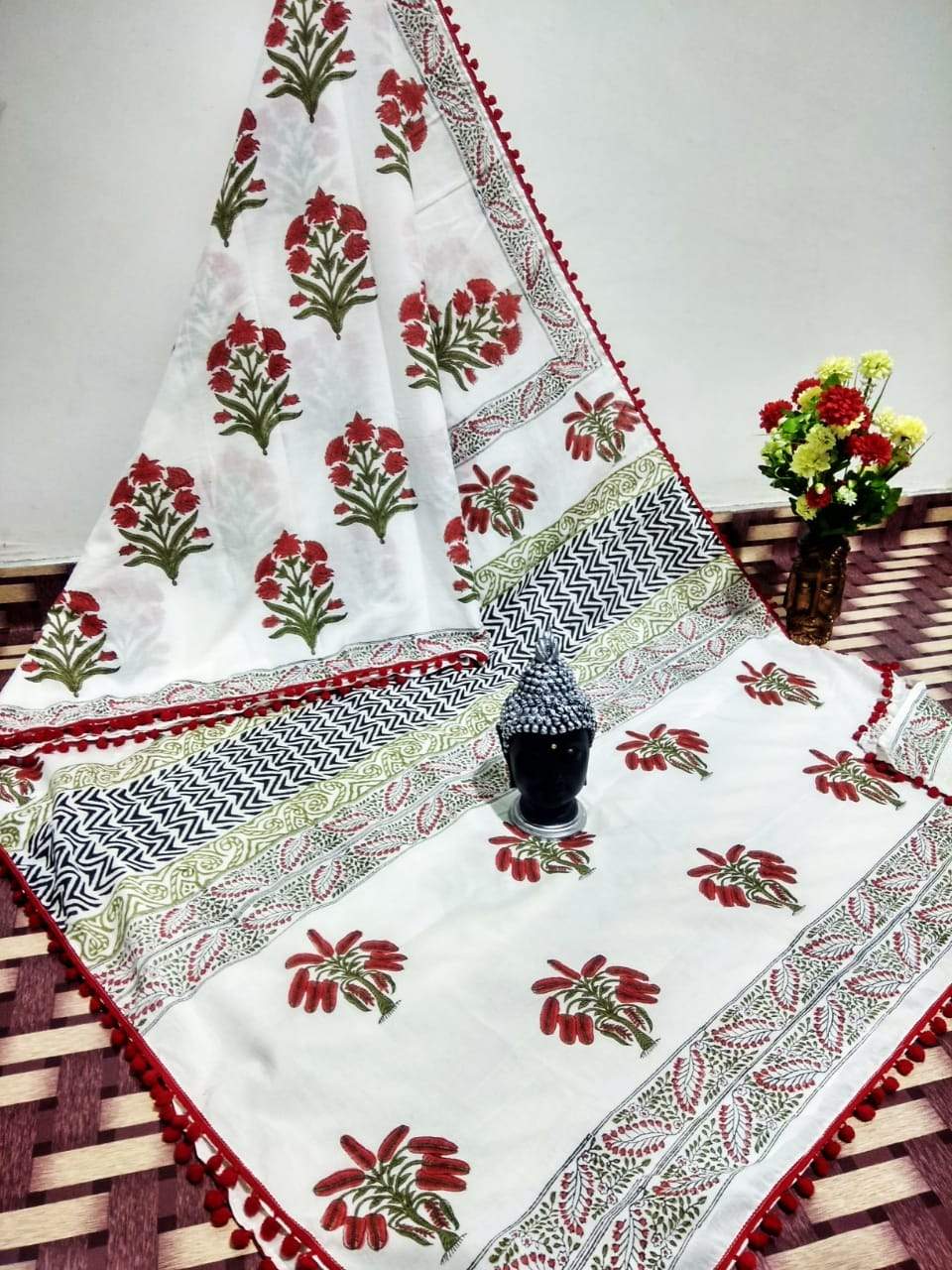 White Soft Cotton Saree with Maroon Pom-Pom Border-TCS026