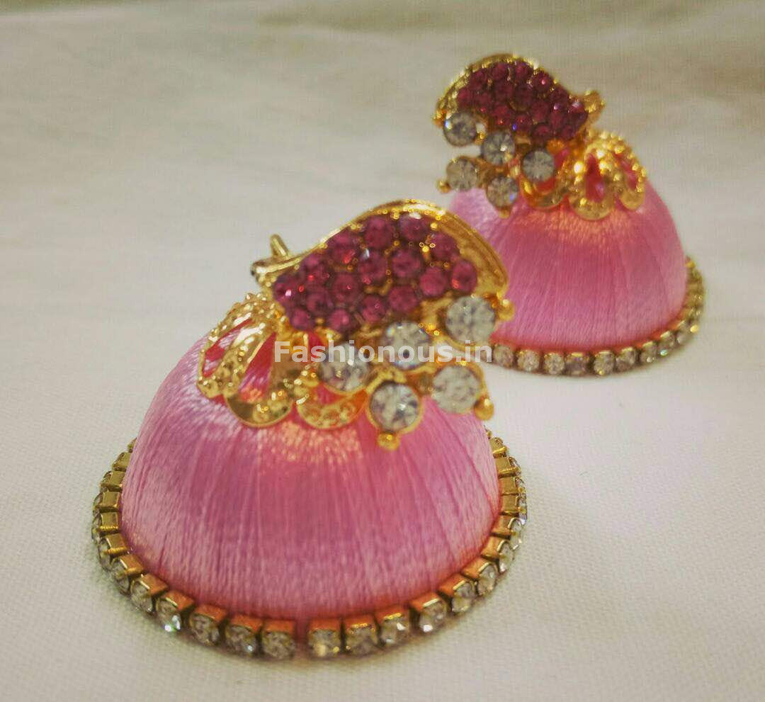 White Stone Half Floral With Baby Pink Stone Studded Leaf Silk Thread Jhumkas-STJH-010
