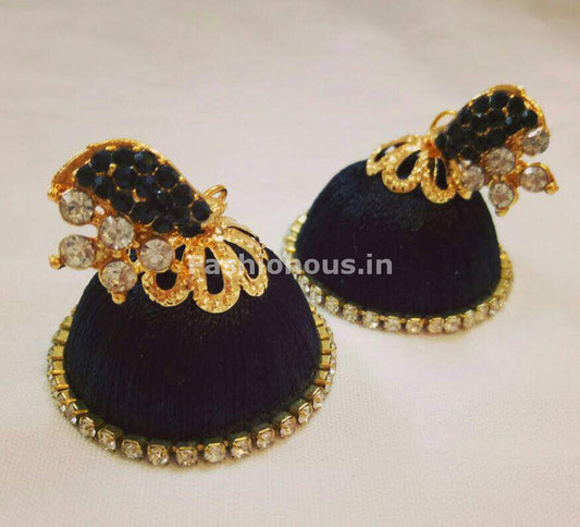White Stone Half Floral With Black Stone Studded Leaf Silk Thread Jhumkas-STJH-001