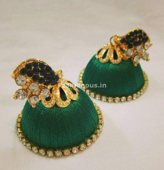 White Stone Half Floral With Dark Green Stone Studded Leaf Silk Thread Jhumkas-STJH-013