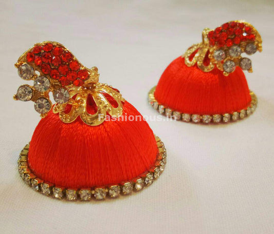 White Stone Half Floral With Dark Orange Stone Studded Leaf Silk Thread Jhumkas-STJH-012