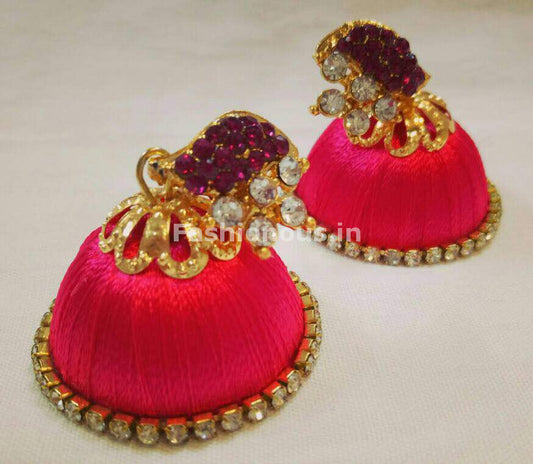 White Stone Half Floral With Dark Pink Stone Studded Leaf Silk Thread Jhumkas-STJH-004